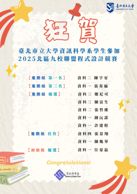 【狂賀】臺北市立大學資訊科學系學生參加 2025北區九校聯盟程式設計競賽,榮獲佳績!恭喜獲獎同學喲~~圖片