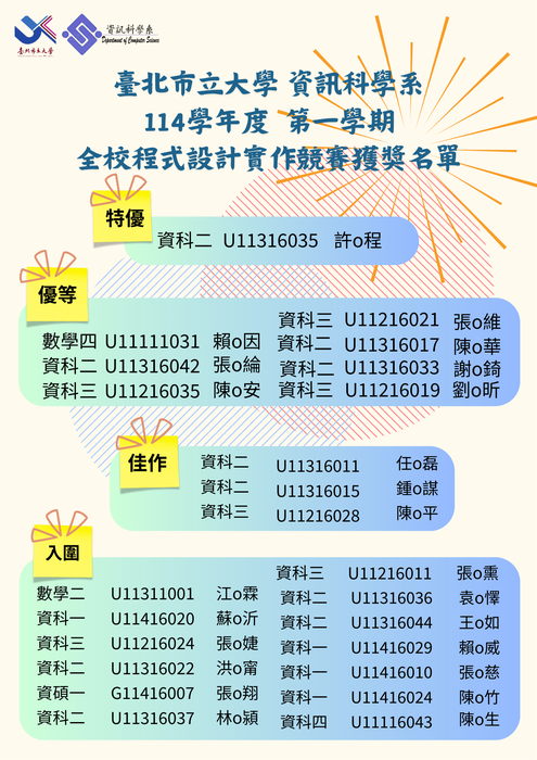 【狂賀】臺北市立大學資訊科學系 114-1全校程式設計實作競賽 得獎名單 恭喜獲獎同學✨圖片